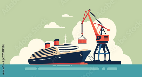 Vintage cruise ship docks at port with cargo crane unloading containers in retro style, perfect for travel and shipping industry marketing