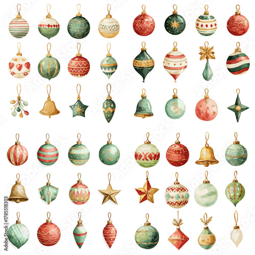 Watercolor Christmas ornaments collection featuring festive baubles, stars, bells, and decorative holiday elements in classic red, green, and gold colors.