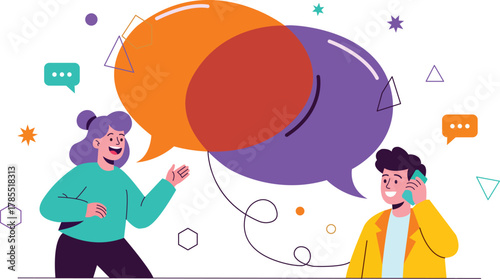 Modern Communication Woman Speaking Man on Phone Colorful Dialogue Connection Technology Virtual Meeting Online Business