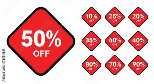 Massive sale with red discount stickers from 10 to 90 percent off now