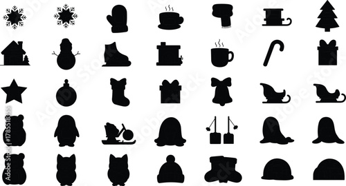 Winter holiday icon set, black silhouette clipart, Christmas symbols, snowflake, snowman, gift box, scarf, mitten, festive vector design