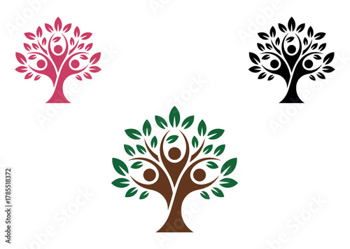 Stylized tree icons representing family, community, and growth.