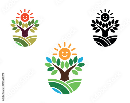 A smiling sun shines brightly above a lush tree with green leaves and rolling hills below, presented in three variations.