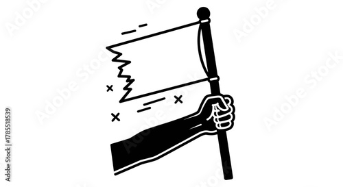 Hold up a flag in protest or victory with hand grasping the pole tightly