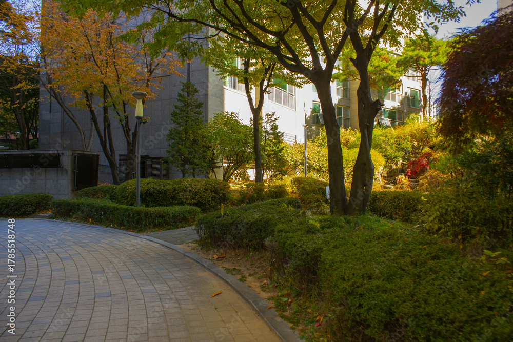 Obraz premium An apartment complex in autumn with falling leaves.