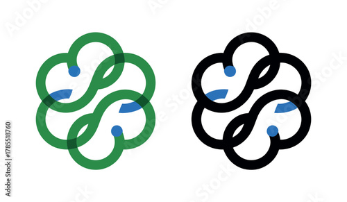 Two abstract hexagonal logos with intertwined green and black loops and blue dots on a white background.