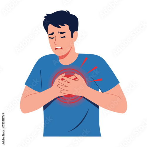 Heart Pain Symptom Illustration Man Suffering Chest Ache Disease Health Problems Medical Condition and Cardiovascular