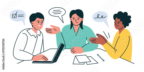Flat cartoon vector illustration of people sitting at table during business meeting and discussion. Concept of teamwork, negotiation, communication, office collaboration and corporate conference