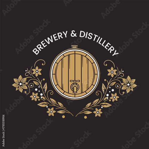 Crafted Elegance A Distillery Brewery Logo Design Showcasing Barrel Artistry Floral Details Sophisticated Branding For