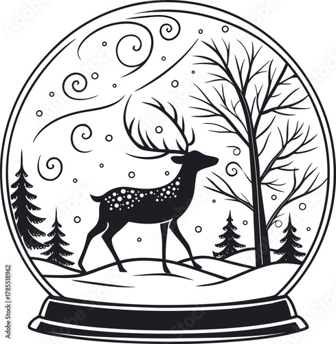 Winter forest deer in snow globe outline, festive illustration