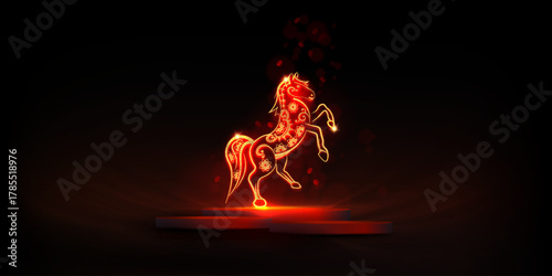 Happy Chinese New Year 2026. A card with a golden fire horse on a round podium.