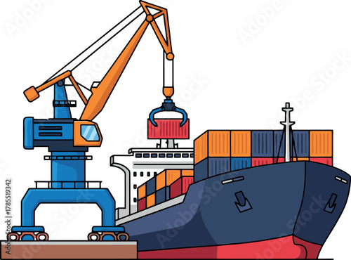 Container Ship Being Loaded by a Crane at a Port.