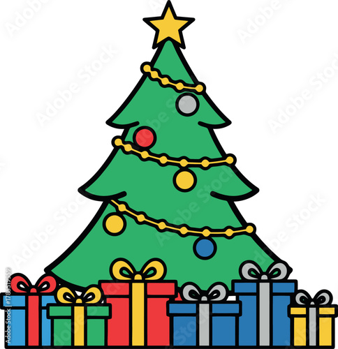 A festive Christmas tree adorned with ornaments and presents below.