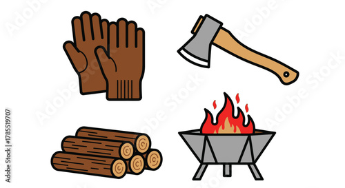 Cozy campfire scene with wood, gloves, and axe ready for outdoor adventure
