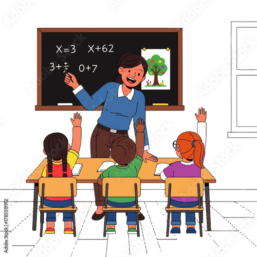 Teacher instructing students in a classroom, pointing at math equations on a blackboard, with students raising their hands.