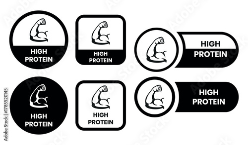high protein food label emblem flat color vector illustration template design. high protein sign, logo, badge, icon, sticker, label, emblem, stamp, symbol, black, line, flat vector.