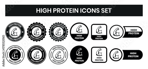 high protein food label emblem flat color vector illustration template design. high protein sign, logo, badge, icon, sticker, label, emblem, stamp, symbol, black, line, flat vector.