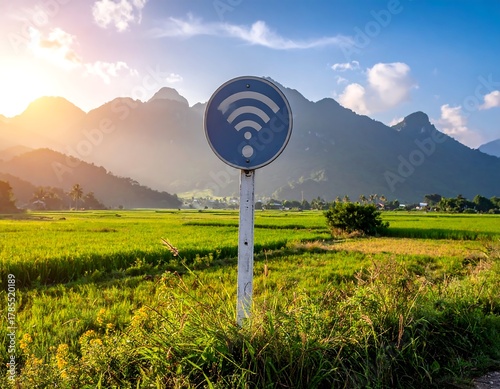 Fototapeta Naklejka Na Ścianę i Meble -  A wifi signal sign in front of a rural landscape with mountains