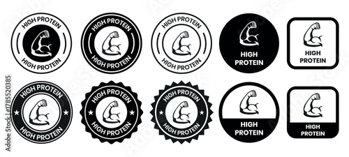 high protein food label emblem flat color vector illustration template design. high protein sign, logo, badge, icon, sticker, label, emblem, stamp, symbol, black, line, flat vector.