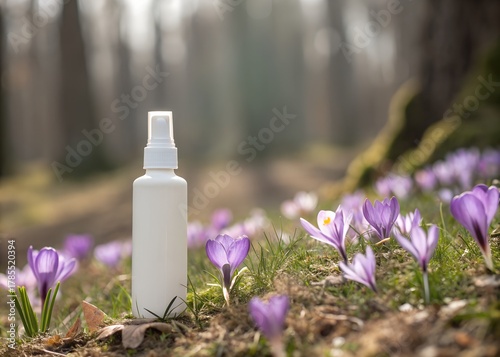 White spray bottle standing in a field of purple crocuses in a forest