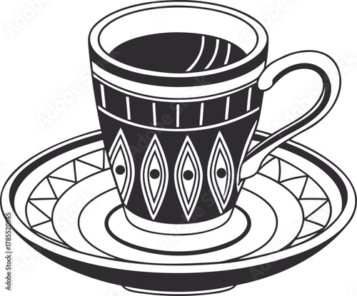 Decorative coffee cup and saucer line art illustration vector.
