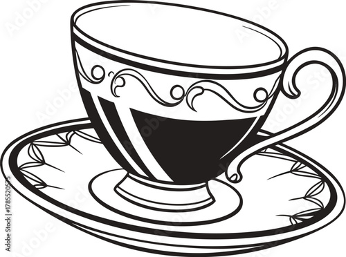 Ornate vintage teacup and saucer line art illustration on white