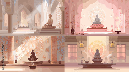 Peaceful temple interior illustrations featuring Buddha statues, soft lighting, ornate patterns, and serene architectural spaces. Perfect for spiritual art and meditation themes.