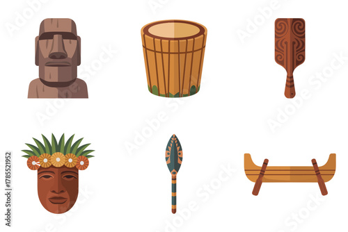 Stylized flat illustration set for Polynesian culture, showing stone head, drum, chief, paddle, and canoe symbols.