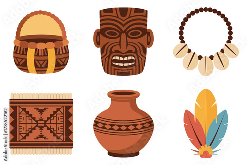 Stylized flat illustration set for Polynesian tribal artifacts, showing basket, mask, necklace, urn, and feather symbols.