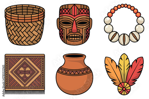 Flat vector icon set for Polynesian tribal artifacts, featuring basket, mask, necklace, urn, and feather symbols.