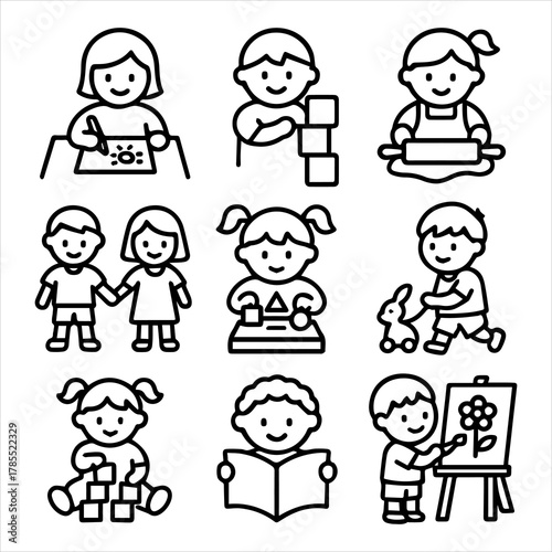 Diverse vector icon set showcasing children's educational and recreational activities, including drawing, building, reading, and playing, for early childhood development themes