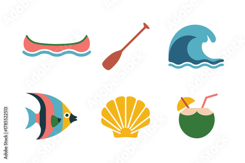 Stylized flat illustration set for Hawaiian ocean, showing canoe, fish, seashell, coconut, and wave symbols.
