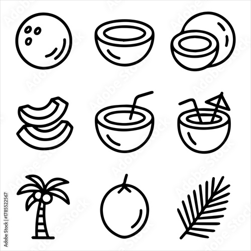 Collection of tropical coconut icons whole, halved, and with straws, plus a palm tree and leaf