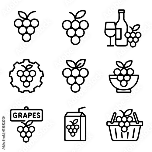Grapes and wine production icon set. A linear collection of vector symbols for viticulture, agriculture, and beverage industry concepts