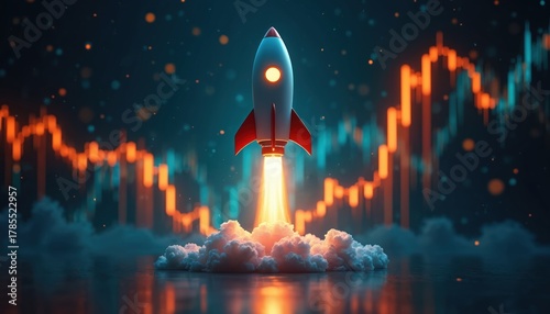 Rocket takes off over stock market chart. Concept of project launch for boosting profit. New business breakthrough. Startup rocket flies among clouds over financial diagrams. Company growth, success.