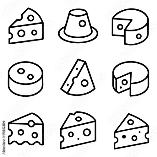 Monochrome line art vector collection of various cheese types, including wedges, blocks, and wheels, perfect for food-related graphic design projects and culinary themes