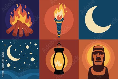 Stylized flat illustration set for Polynesian night, showing fire, torch, moon, and Moai statue symbols.