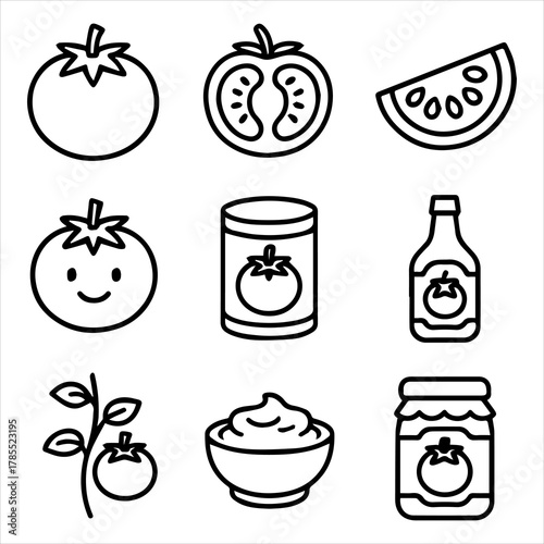 Diverse collection of tomato and tomato product icons, featuring fresh whole, sliced, and cartoon tomatoes alongside canned goods, sauces, and a growing plant in a clean line art style