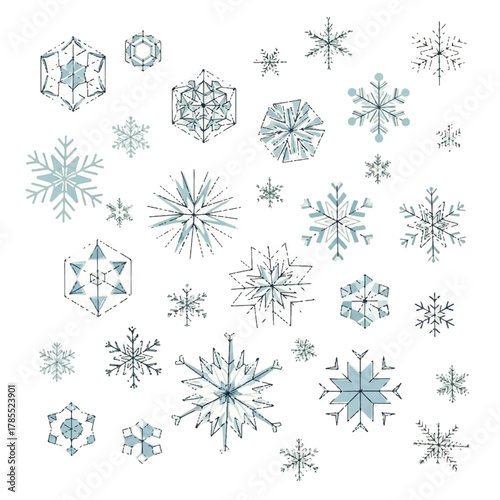 A collection of various stylized snowflakes in shades of blue and gray, arranged on a white background.