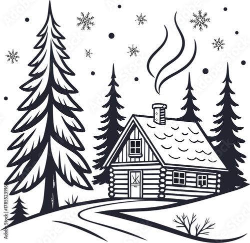 Rustic cabin nestled in snowy winter forest at night with smoke