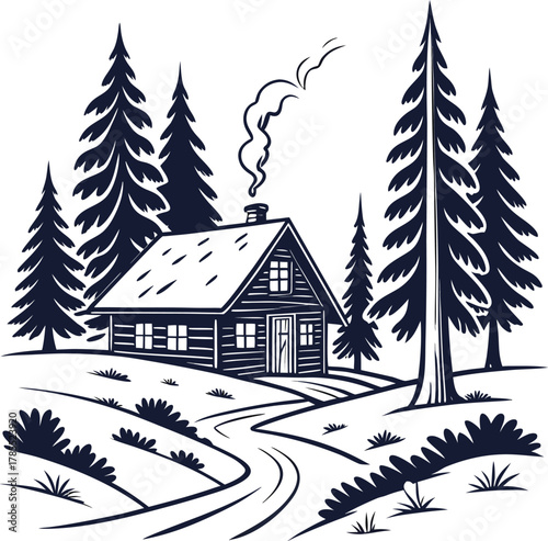 Rustic forest cabin illustration with smoke and winding road