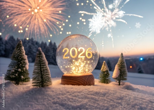 Snow globe with 2026 inside on snowy landscape with fireworks