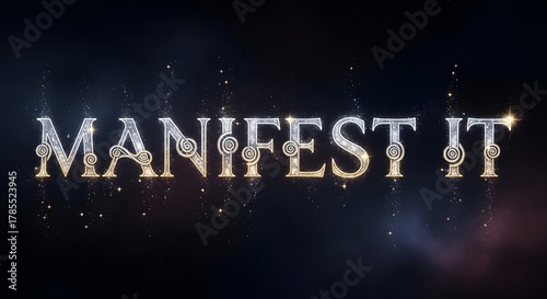 A dazzling digital graphic displays the phrase 'MANIFEST IT' illuminated with sparkling lights and stars against a dark cosmic background, inspiring motivation and positivity