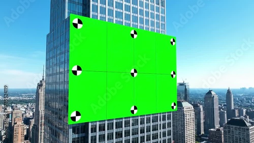 New York City Skyscraper with green screen on side of a in tracking markers 3d render distortion, overlay, glitch, static noise, scan lines black background, 4k animated video loop