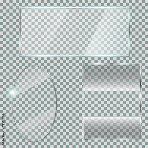 Realistic Glass Plate Set Rectangle Square and Oval Shapes on Transparent Background Vector Illustration for Design and