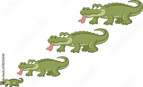 Funny cartoon crocodile character with long pink tongue, cute green alligator illustration, humorous animal design for children’s educational projects