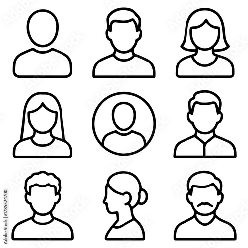 Set of Minimalist Avatar Icons Representing Diverse Individuals in Outline Style for Digital Use
