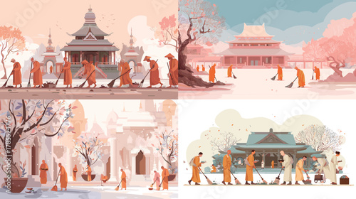 Serene illustrations of Buddhist monks walking through temples, gardens, and peaceful landscapes in warm pastel tones. Perfect for culture themes, meditation art, and travel design.