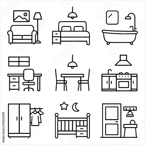 Set of home interior and furniture line icons for different rooms like living room, bedroom, kitchen, and bathroom. Outline vector symbol collection