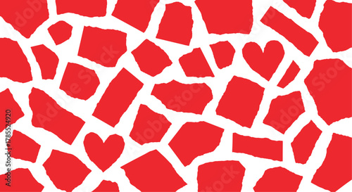 Red geometric shapes and heart patterns on a white background abstract texture